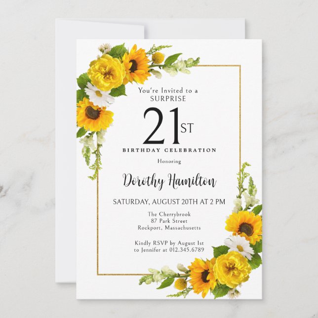 Invitation Sunflower Daisy 21e anniversaire Surprise Party (Devant)
