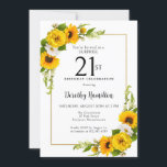 Invitation Sunflower Daisy 21e anniversaire Surprise Party<br><div class="desc">Jolie invitation de tournesol jaune floral 30ème anniversaire. Les tourbières jaunes et les marguerites blanches se mêlent aux tournesols. Un cadre en or rectangulaire lui donne une ambiance élégante. Très facile à customiser. Ce dos est blanc avec un bouquet de tournesol. C'est parfait pour un anniversaire d'été. Cet article est...</div>