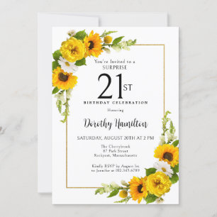 Invitation Sunflower Daisy 21e anniversaire Surprise Party