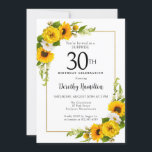 Invitation Sunflower Daisy 30e anniversaire Surprise Party<br><div class="desc">Jolie invitation de tournesol jaune floral 30ème anniversaire. Les tourbières jaunes et les marguerites blanches se mêlent aux tournesols. Un cadre en or rectangulaire lui donne une ambiance élégante. Très facile à customiser. Ce dos est blanc avec un bouquet de tournesol. C'est parfait pour un anniversaire d'été. Cet article est...</div>