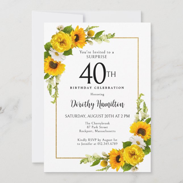 Invitation Sunflower Daisy 40e anniversaire Surprise Party (Devant)
