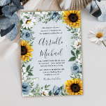 Invitation Sunflower Dusty Blue Country Rustic Roses Wedding<br><div class="desc">Design features a dusty blue/gray wood grain background with a cruath made of sunflowers,  daisies,  roses in dusty blue shades,  baby's breath over various types of botanical color greenery elements.</div>