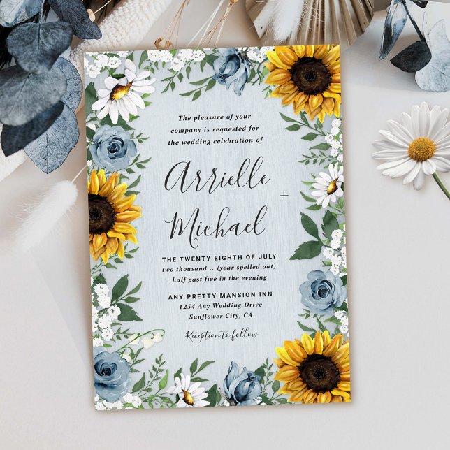 Invitation Sunflower Dusty Blue Country Rustic Roses Wedding (Créateur téléchargé)