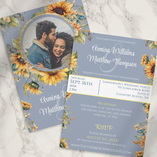 Invitation Sunflower Dusty Mariage photo bleu avec RSVP (Créateur téléchargé)