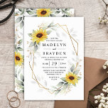 Invitation Sunflower Elegant Rustique Mariage d'or géométriqu<br><div class="desc">Le design présente une verdure aquarelle,  des tournesols,  des éléments en or imprimé et des feuilles botaniques aérés sur un cadre géométrique imprimé couleur or. L'arrière est orné d'une végétation aérée assortie et d'une couronne de tournesol.</div>