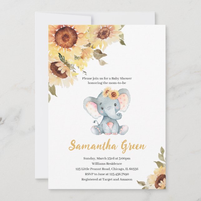 Invitation Sunflower Elephant Baby Shower (Devant)