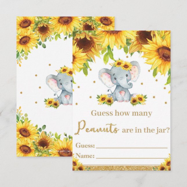 Invitation Sunflower Elephant Devine combien de cacahuètes ca (Devant / Derrière)