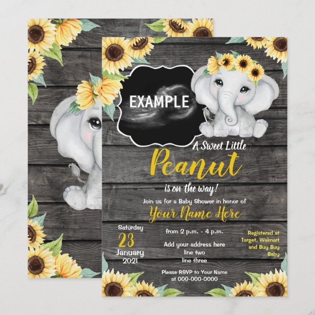 Invitation Sunflower Elephant Ultrasound Baby shower Invi (Devant / Derrière)