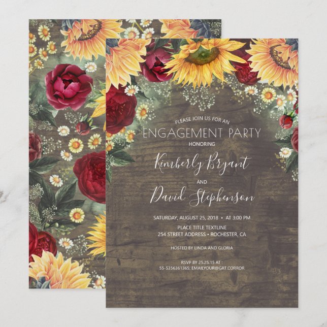 Invitation Sunflower et Red Rose Rustic Engagement Party (Devant / Derrière)