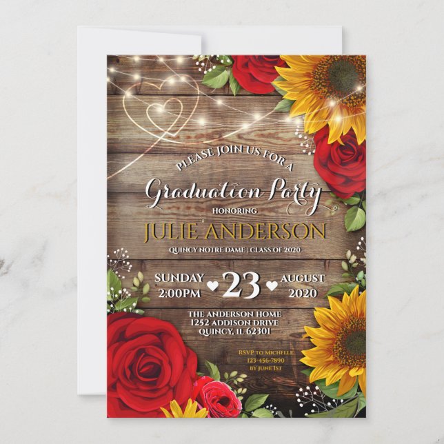 Invitation Sunflower et Rose Rustic Graduation Party (Devant)
