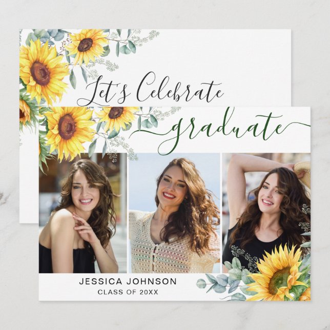 Invitation Sunflower Eucalyptus 3 PHOTO Graduation Party (Devant / Derrière)