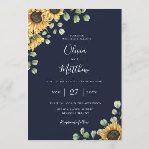 Invitation Sunflower Eucalyptus Botanique Marine Mariage bleu