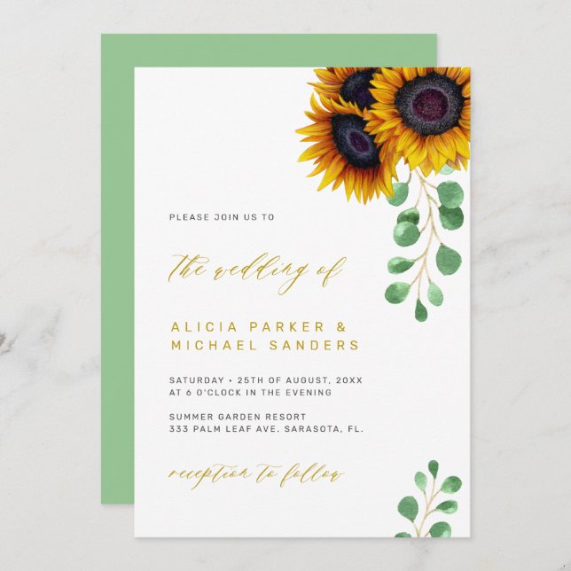 Invitation Sunflower eucalyptus élégant mariage rustique (Devant / Derrière)