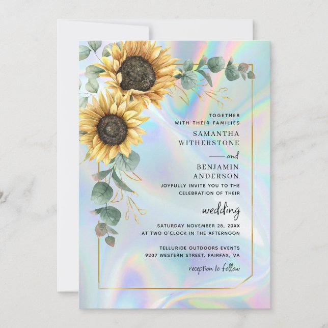 Invitation Sunflower Eucalyptus Holographique Code QR Mariage (Devant)