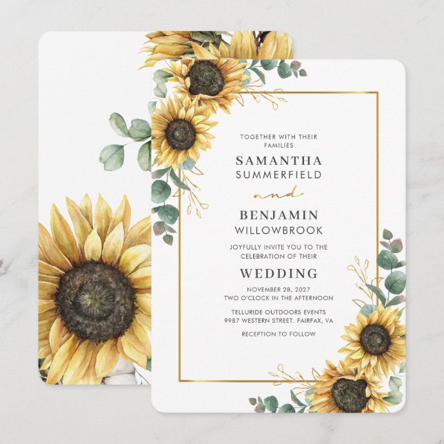 Invitation Sunflower Eucalyptus Mariage botanique (Devant / Derrière)
