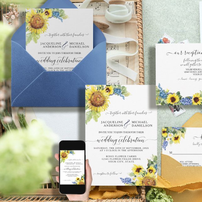 Invitation Sunflower Floral Blue Eucalyptus BOHO Chic Wedding (Créateur téléchargé)