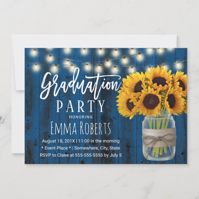 Invitation Sunflower Floral Jar Rustic Navy Grange Graduation (Devant)