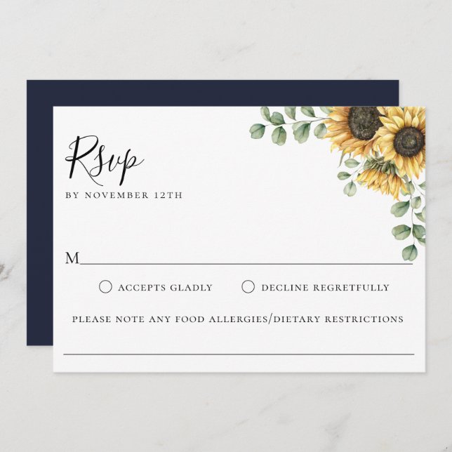 Invitation Sunflower Floral Mariage Allergie alimentaire Cart (Devant / Derrière)