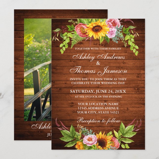 Invitation Sunflower Floral Rustic Wood Mariage photo (Devant / Derrière)