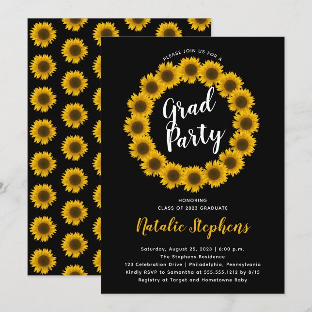 Invitation Sunflower Floral Wreath Graduation Party (Devant / Derrière)