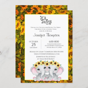 Invitation Sunflower Girls Twin Elephant Baby shower