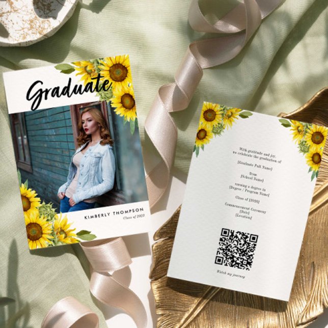 Invitation Sunflower Graduation Photo Rustic Floral QR Code (Créateur téléchargé)
