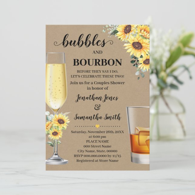 Invitation Sunflower Greenery Bubbles & Bourbon Avant de fair (Debout devant)