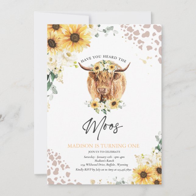 Invitation Sunflower Holy Cow Highland Cow fête d'anniversair (Devant)