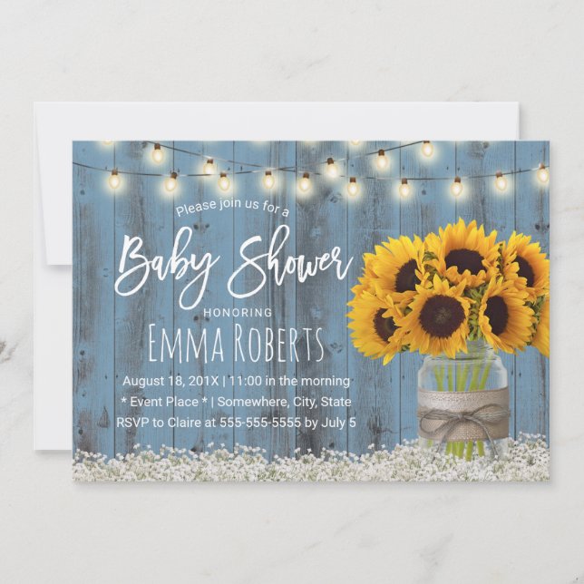 Invitation Sunflower Jar Dusty Blue Barn Baby shower en bois (Devant)
