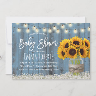 Invitation Sunflower Jar Dusty Blue Barn Baby shower en bois