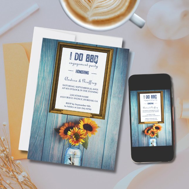Invitation Sunflower Jar I DO BBQ Engagement Party (I DO BBQ invitations feature blue barn wood and sunflowers)