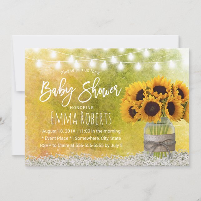Invitation Sunflower Jar Rustique Floral Aquarelle Baby showe (Devant)