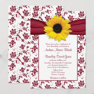 Invitation Sunflower jaune Bourgogne Mariage damassé