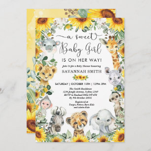 Invitation Sunflower Jungle Safari Animaux Fille Baby shower