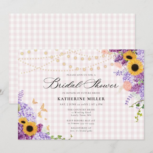 Invitation Sunflower Lilac Pink Gingham Rustic Bridal Shower (Devant / Derrière)