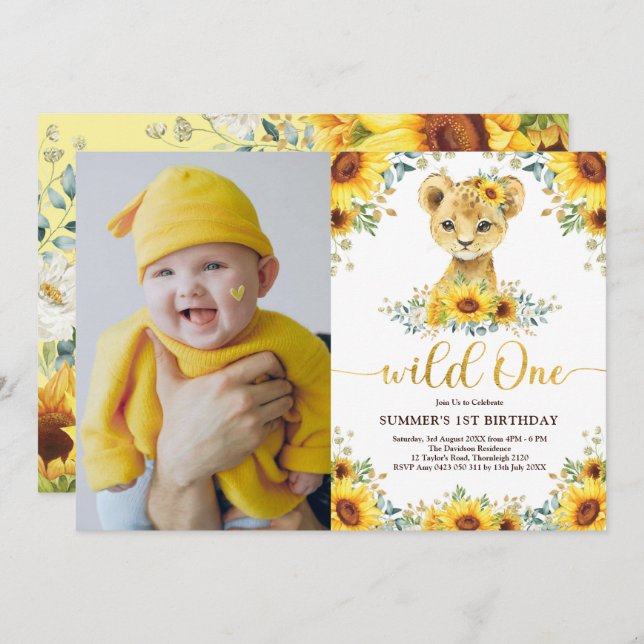 Invitation Sunflower Lion Cub Wild Un 1er anniversaire Photo (Devant / Derrière)