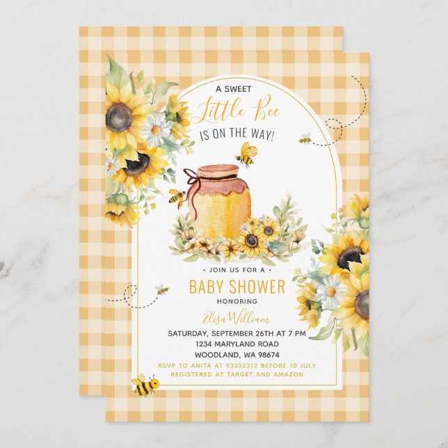 Invitation Sunflower Little Bee se trouve sur le Baby shower  (Devant / Derrière)