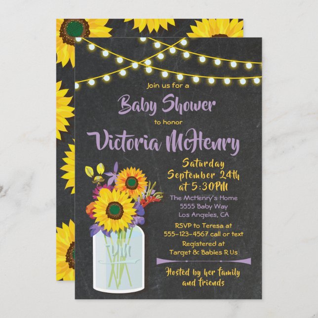 Invitation Sunflower Mason Jar Chalkboard Baby shower (Devant / Derrière)