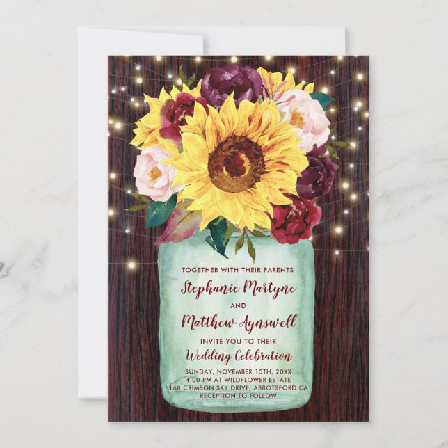 Invitation Sunflower Mason Jar Lights Burgundy Floral Mariage (Devant)