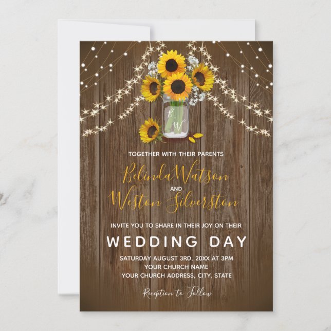 Invitation Sunflower Mason Jar Rustic Barne Mariage en bois (Devant)