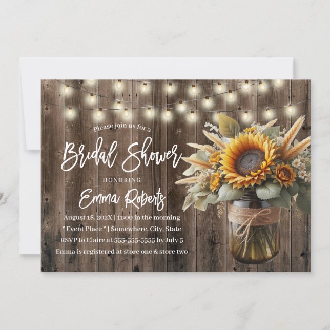 Invitation Sunflower Mason Jar Rustic Mariage Fête des mariée (Devant)
