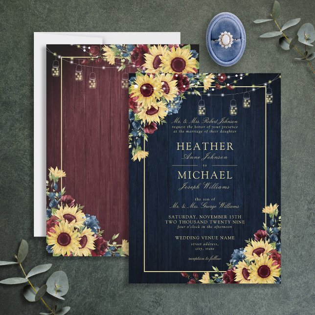 Invitation Sunflower Navy Bleu Bourgogne Bois Floral Mariage  (Créateur téléchargé)