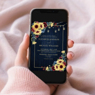 Invitation Sunflower Navy Bleu Bourgogne Bois Floral Photo