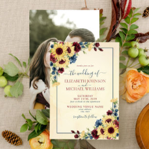 Invitation Sunflower Navy Blue Burgundy Floral Photo Mariage