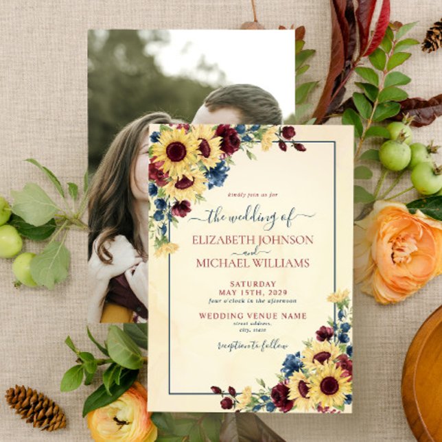 Invitation Sunflower Navy Blue Burgundy Floral Photo Mariage (Créateur téléchargé)