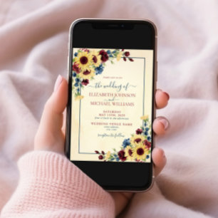 Invitation Sunflower Navy Blue Burgundy Floral Photo Mariage
