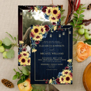 Invitation Sunflower Navy Blue Burgundy Wood Floral Photo