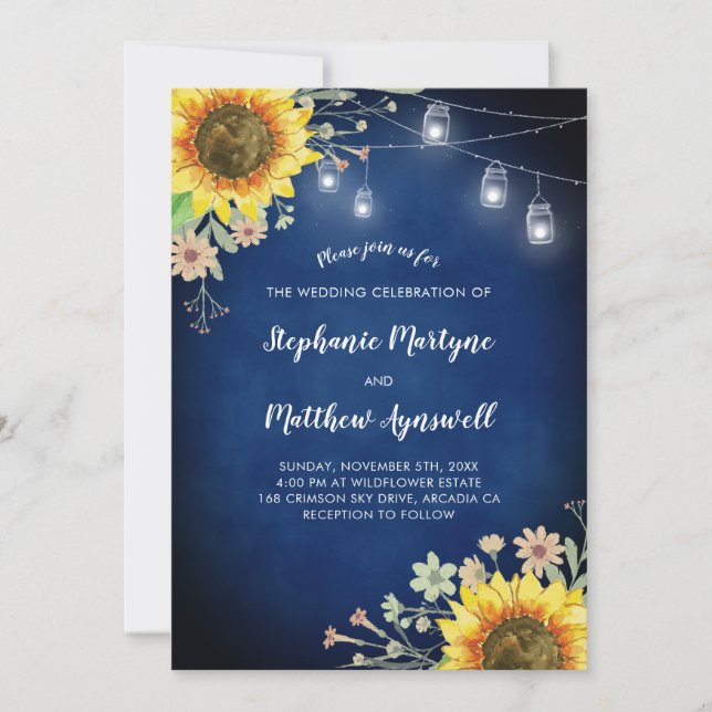 Invitation Sunflower Navy Blue Mason Jar Lumières Mariage (Devant)