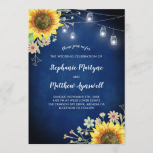 Invitation Sunflower Navy Blue Mason Jar Lumières Mariage