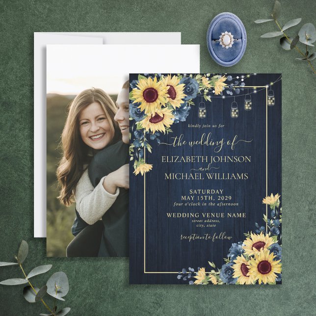 Invitation Sunflower Navy Blue Wood Floral Mariage photo (Créateur téléchargé)